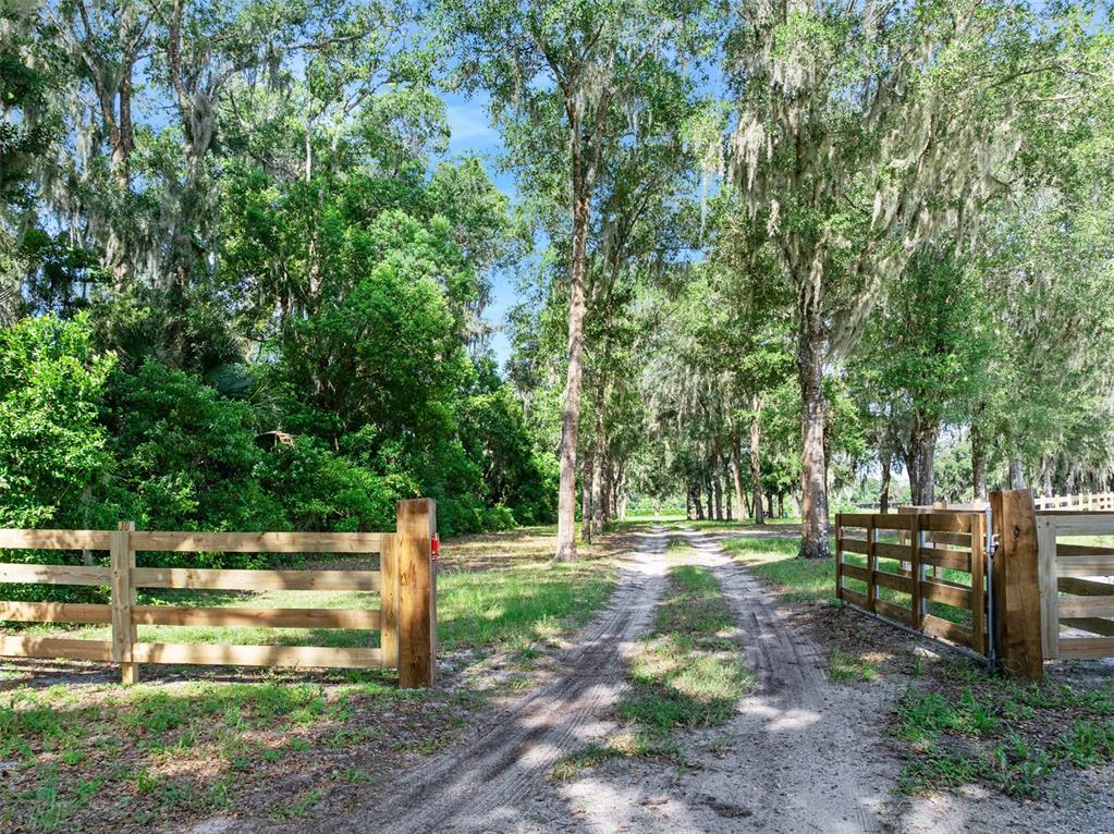 A dirt driveway leads through a wooden gate into a wooded area with Spanish moss — BLACKBURN ROAD, PIERSON, FL