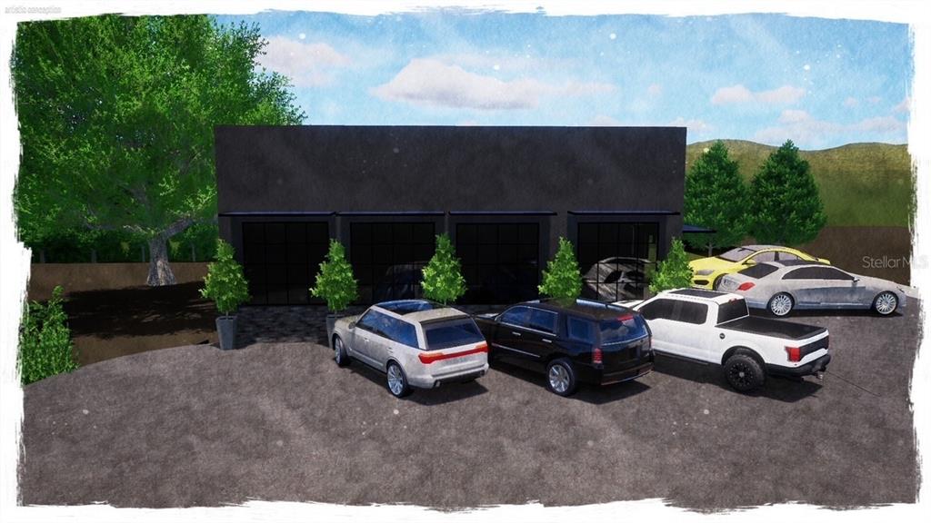 This is a rendering of a modern, dark-colored commercial building with a parking lot — 516 E HIGHWAY 50, CLERMONT, FL