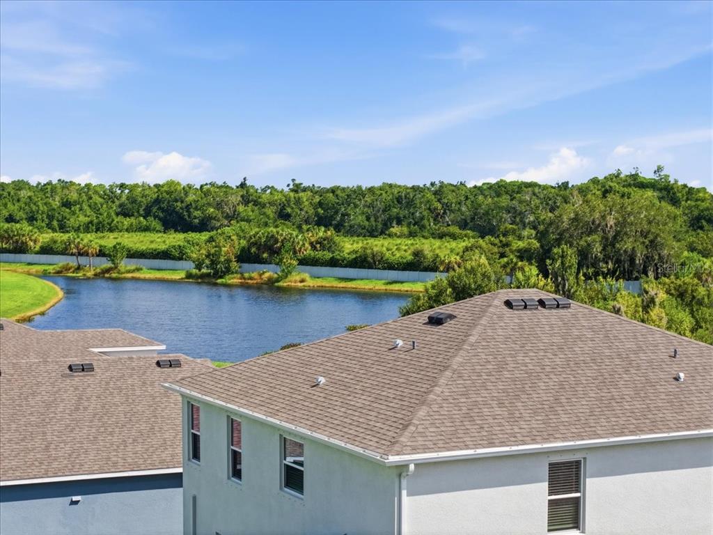 An elevated view of a house roof overlooking a pond and a line of trees — 16018 6TH AVENUE E, BRADENTON, FL