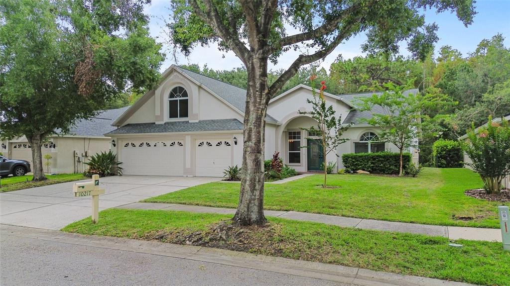 A single-story house with a two-car garage, arched windows, and a front lawn — 10217 TIMBERLAND POINT DRIVE, TAMPA, FL