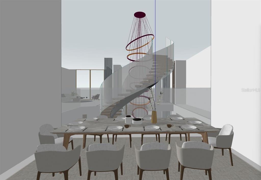 This rendering shows a dining room with a large table and a spiral staircase behind glass — 3181 GULF BOULEVARD, BELLEAIR BEACH, FL