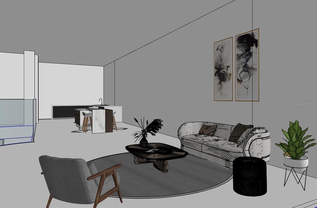 This is a digital rendering of an open-concept living room and kitchen area — 3181 GULF BOULEVARD, BELLEAIR BEACH, FL