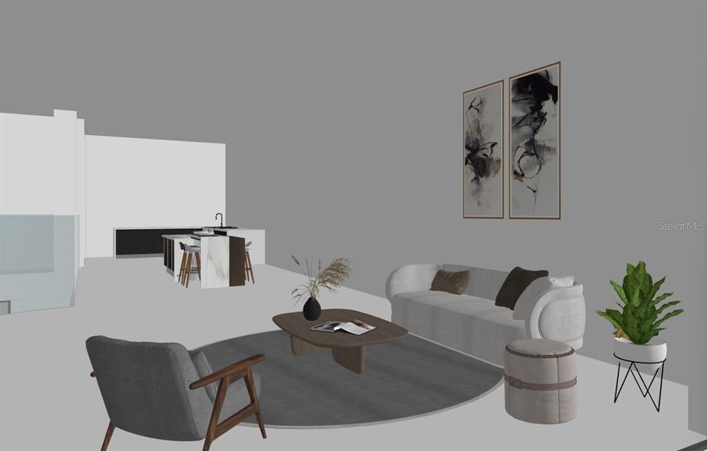 A digital rendering of an open-concept living room and kitchen area with modern furniture — 3181 GULF BOULEVARD, BELLEAIR BEACH, FL