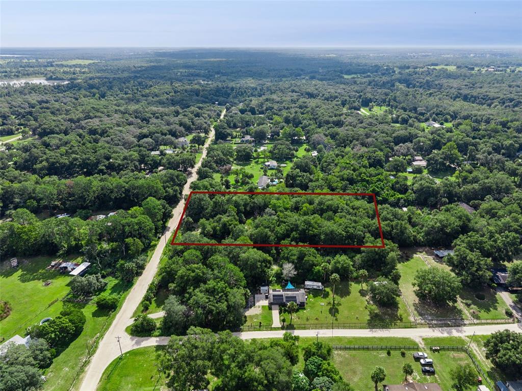 An aerial view shows a rectangular wooded lot outlined in red next to a dirt road — 22308 HORIZON VISTAS DRIVE, EUSTIS, FL