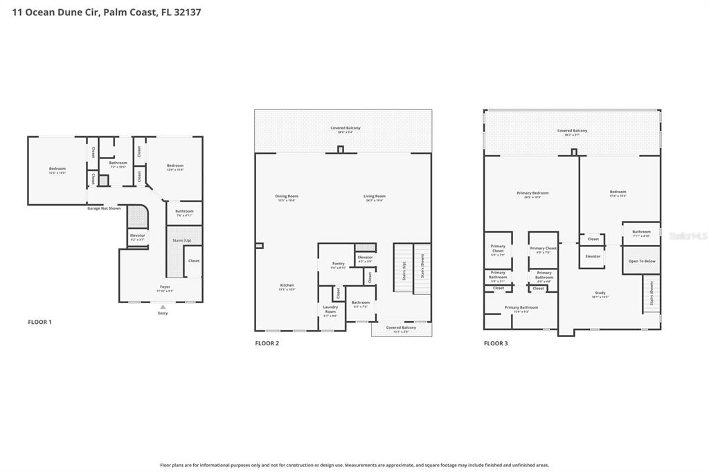 This is a three-story residential floor plan showing bedrooms, bathrooms, living areas, and an elevator — 11 OCEAN DUNE CIRCLE, PALM COAST, FL