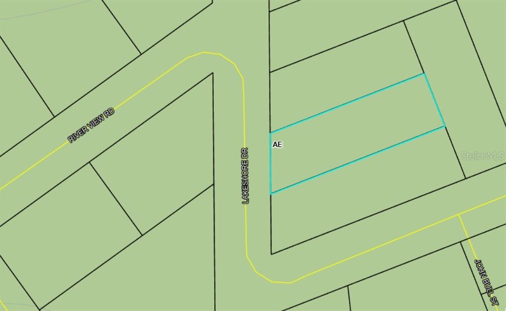 This is a map showing a residential lot outlined in blue along Lakeshore Drive — LAKESHORE DRIVE, FLAGLER BEACH, FL