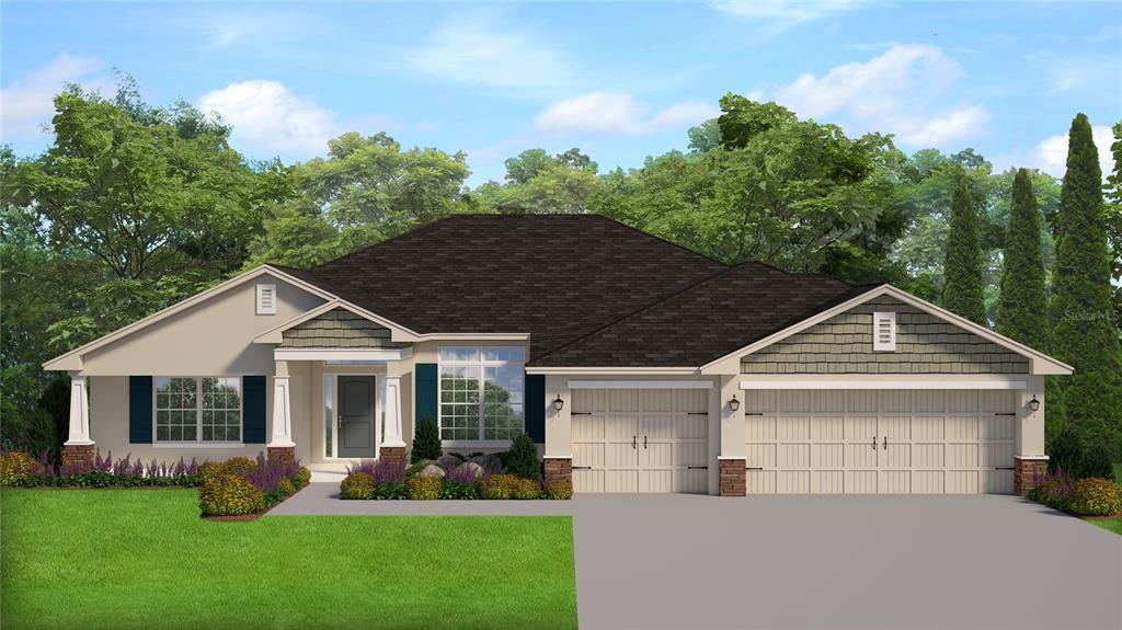 A digital rendering of a single-story house with a three-car garage and a front porch — 18 CADDY ROAD, ROTONDA WEST, FL