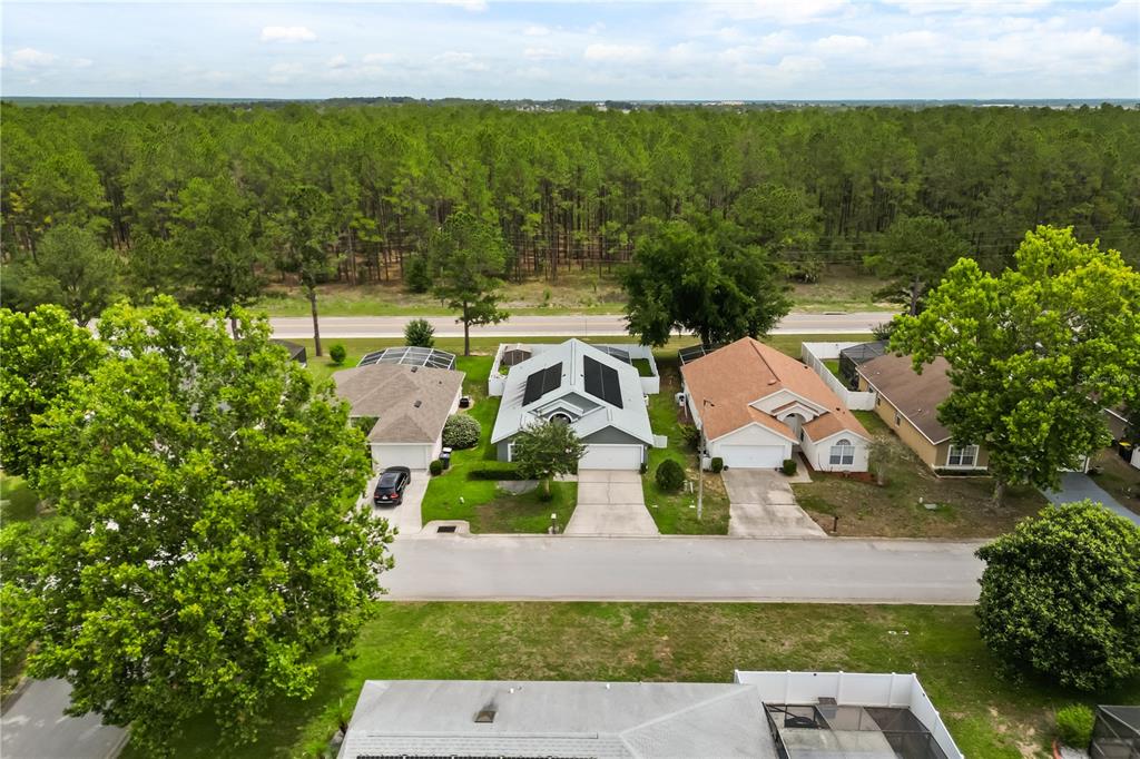 An aerial view shows a suburban street with houses, driveways, and a dense forest background — 638 PINE CONE DRIVE, DAVENPORT, FL