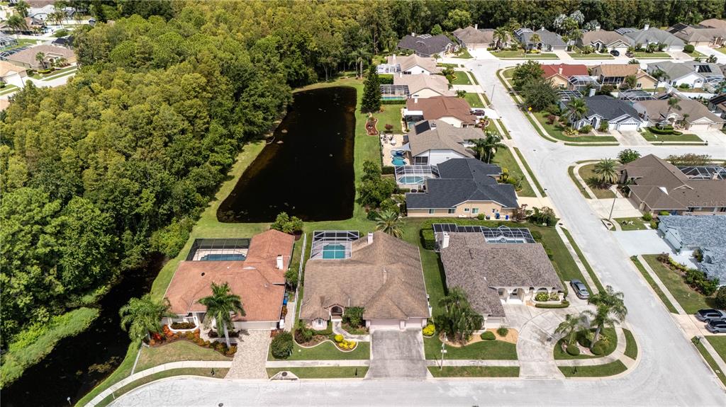 An aerial view shows three suburban houses with swimming pools situated next to a pond — 7709 TIMBERWYCK COURT, NEW PORT RICHEY, FL