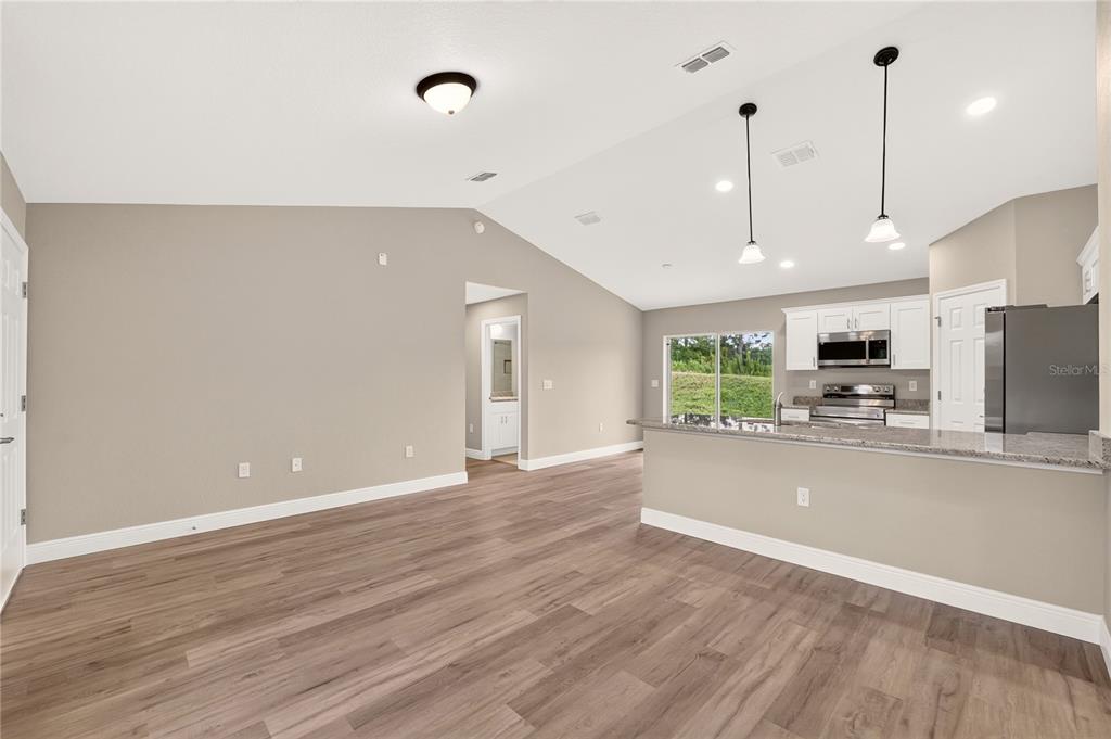 An open-concept living area features light gray walls, wood-look flooring, and a kitchen with island — 19802 SW MARINE BOULEVARD, DUNNELLON, FL