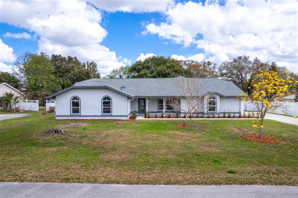 A single-story gray house with a shingled roof sits on a grassy lot — 5521 OAK STREET, MOUNT DORA, FL