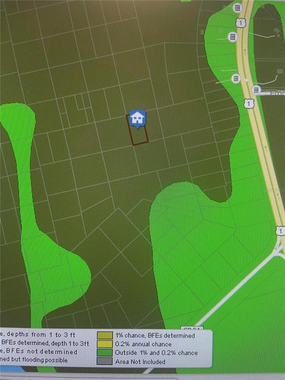 This map shows a property location highlighted by a blue house icon on a flood zone — SHORT PARCEL 2003055, MIMS, FL