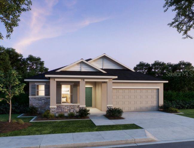 A digital rendering of a single-story suburban house with a stone facade and two-car garage — 6466 CHORUS DRIVE, MASCOTTE, FL