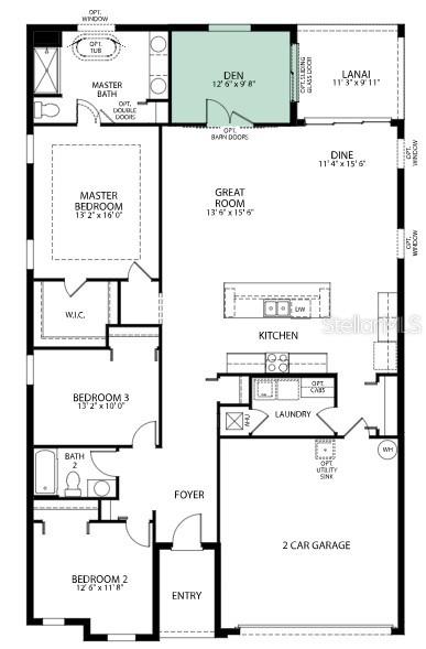This is a floor plan for a single-story home with three bedrooms, a den, and a garage — 6466 CHORUS DRIVE, MASCOTTE, FL