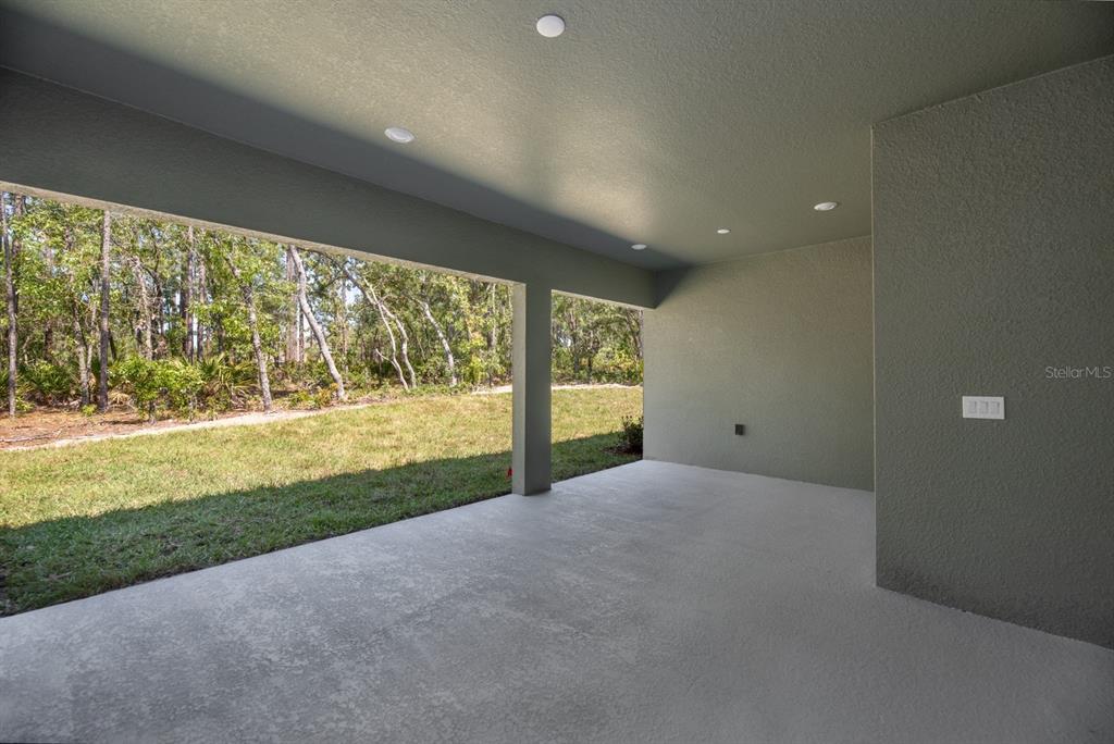 A covered concrete patio overlooks a grassy backyard with a wooded area in the distance — 1834 NW 79TH LOOP, OCALA, FL