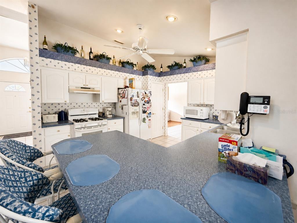 A kitchen features white cabinetry, blue countertops, a breakfast bar, and decorative wallpapered accents — 204 LAKE MARIAM COURT, WINTER HAVEN, FL