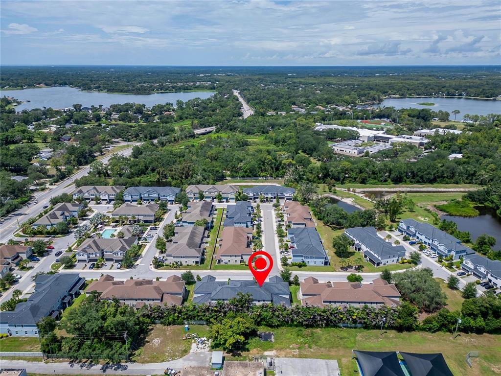 An aerial view shows a residential community with townhomes and a red location marker — 15037 ABBY BIRCH PLACE, TAMPA, FL