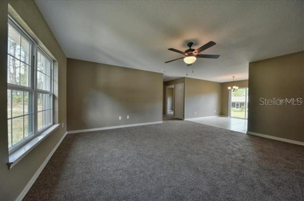 An empty living room features gray carpeting, tan walls, a ceiling fan, and large windows — 14196 SE 34TH TERRACE, SUMMERFIELD, FL