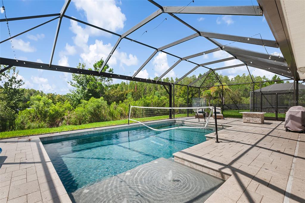A screened-in pool area features a volleyball net, a fountain, and a paved patio — 3994 WOODLAND RETREAT BOULEVARD, NEW PORT RICHEY, FL