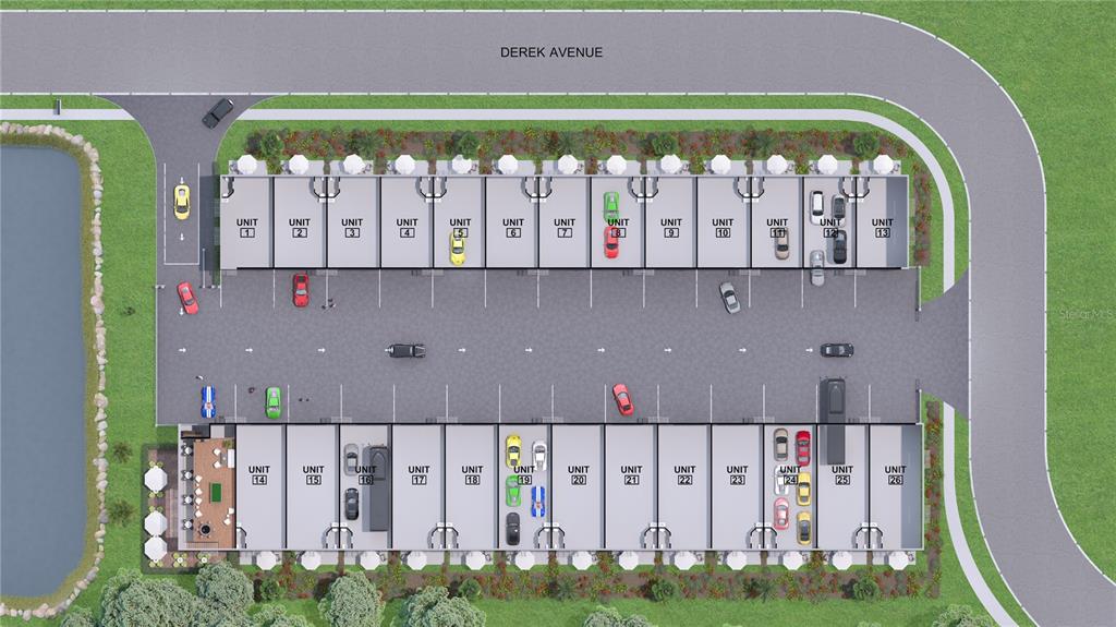 This is a site plan rendering showing two rows of storage units with parking spaces — 5864 DEREK AVENUE UNIT 25, SARASOTA, FL