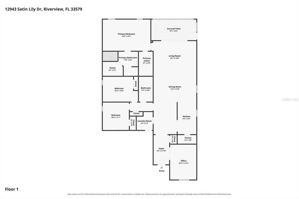 This is a floor plan for a single-story home featuring three bedrooms, an office, and a patio — 12943 SATIN LILY DRIVE, RIVERVIEW, FL