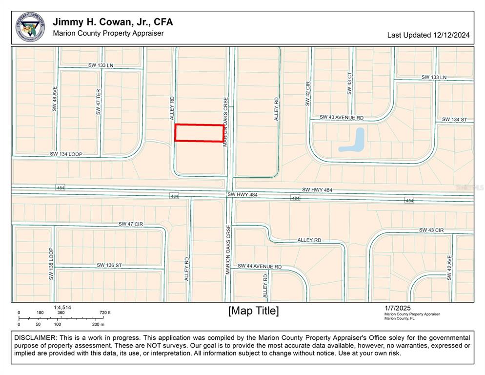 This is a property map showing a highlighted rectangular parcel of land in Marion County — 0 MARION OAKS COURSE, OCALA, FL