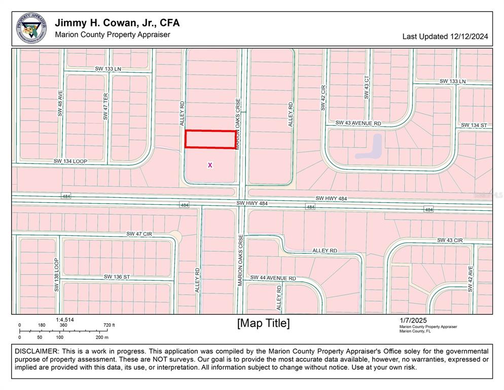 This is a property appraiser map showing a highlighted parcel of land in Marion County — 0 MARION OAKS COURSE, OCALA, FL