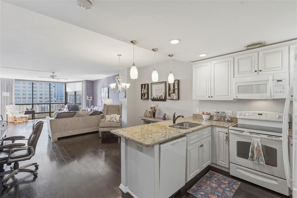 A kitchen with granite countertops and white cabinets opens into a living area with balcony — 1 BEACH DRIVE SE UNIT 1109, ST PETERSBURG, FL