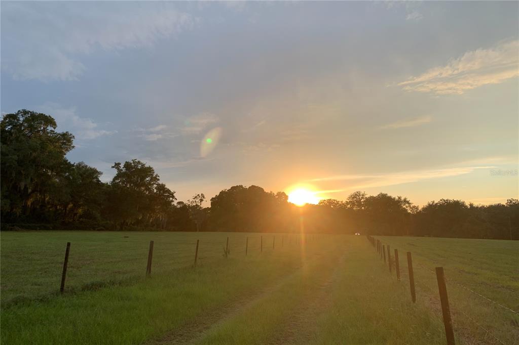 A grassy field with a dirt path is enclosed by wire fencing at sunset — 1360 S STATE ROAD 19, PALATKA, FL