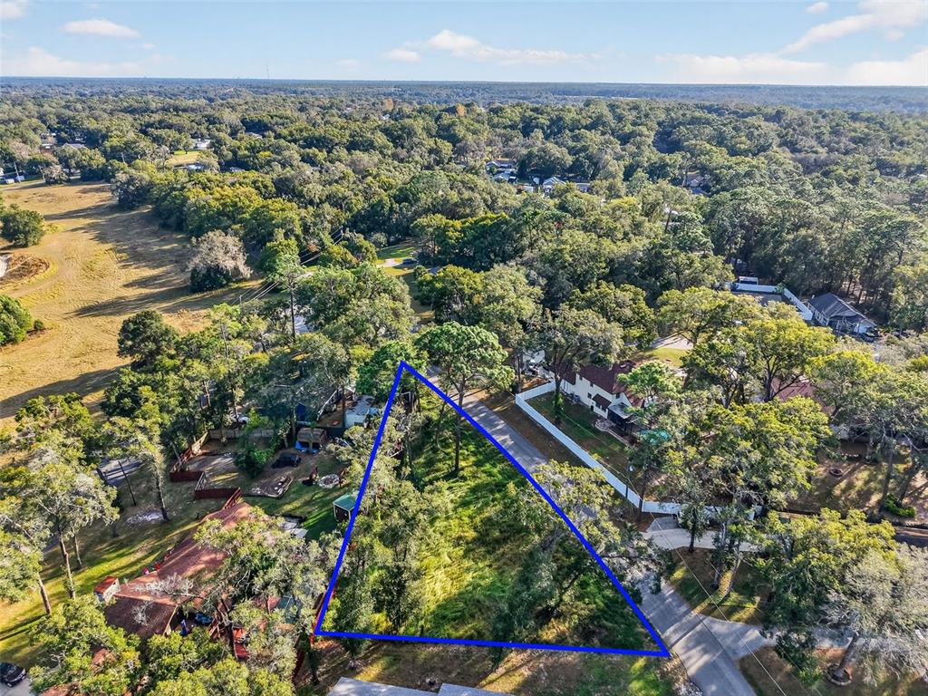 An aerial view shows a triangular vacant lot surrounded by trees and residential houses — APAWAMIS DRIVE, SORRENTO, FL