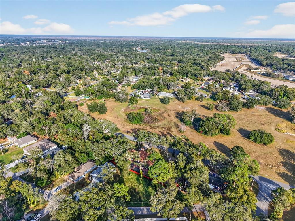 An aerial view shows a residential neighborhood with houses surrounded by trees and open fields — APAWAMIS DRIVE, SORRENTO, FL