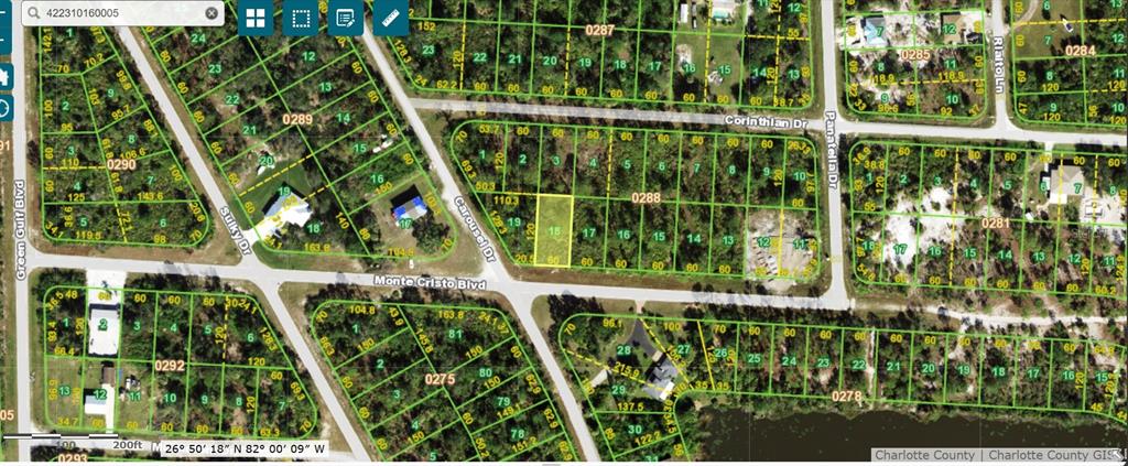 This is a satellite map showing residential land parcels and street layouts in a neighborhood — 27110 MONTE CRISTO BOULEVARD, PUNTA GORDA, FL