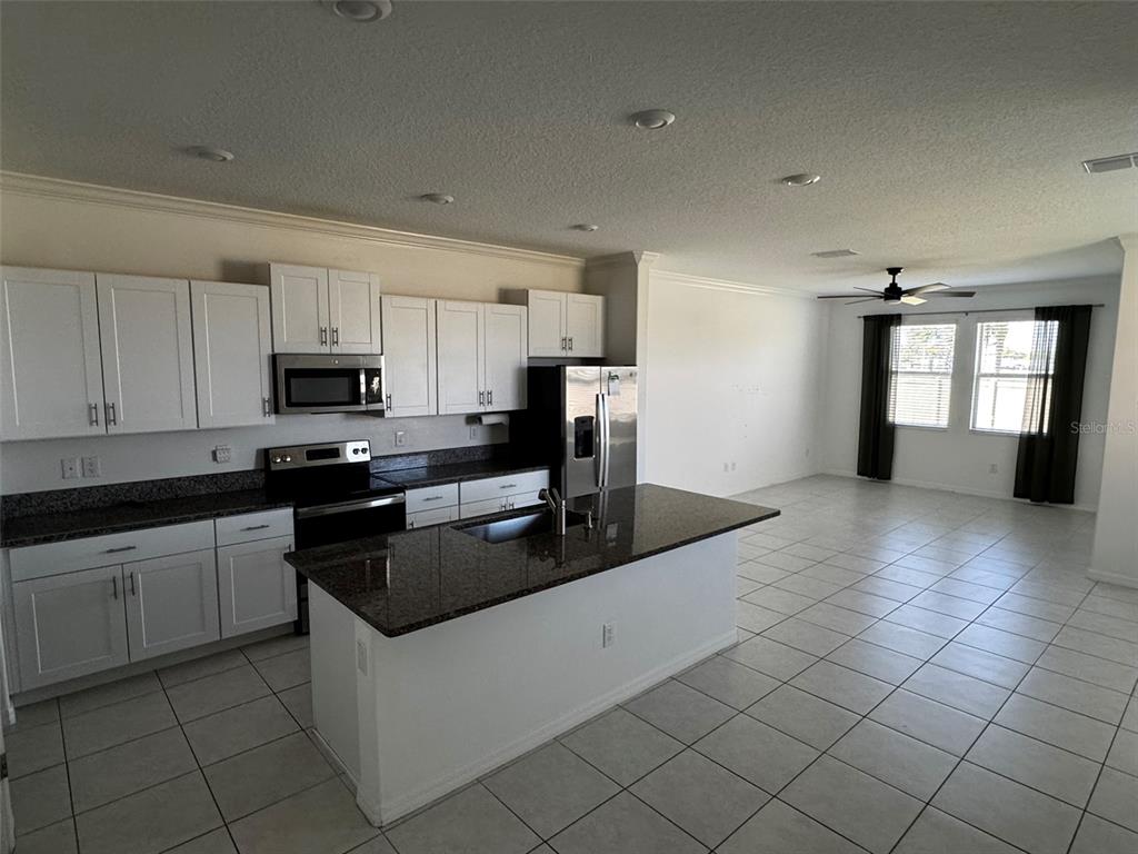 A kitchen with white cabinets, granite countertops, and an island opens to a tiled living area — 31779 BLUE PASSING LOOP, WESLEY CHAPEL, FL