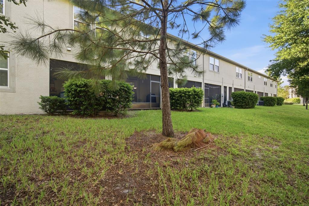 The exterior of a multi-unit residential building features screened-in patios and a grassy lawn — 14215 PONDHAWK LANE, TAMPA, FL