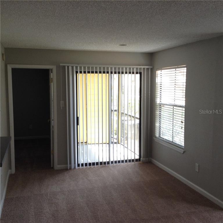 A carpeted room features a sliding glass door with vertical blinds and a single window — 3716 IDLEBROOK CIRCLE UNIT 110, CASSELBERRY, FL