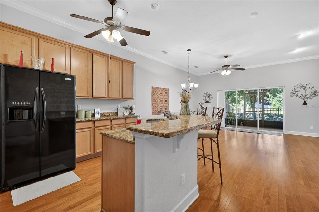 A kitchen features granite countertops, wood cabinets, a dishwasher, and a large mosaic-tiled accent wall — 1010 GREEN GATE BOULEVARD, GROVELAND, FL