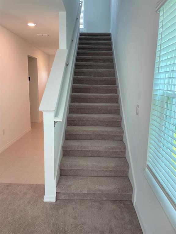 A carpeted staircase with a white railing leads to an upper level in a home — 3943 ALMOND BROOK BOULEVARD, LAND O LAKES, FL