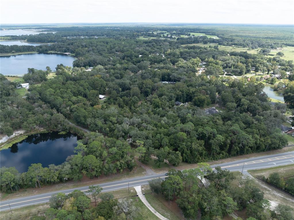 An aerial view shows a wooded lot with a pond next to a paved road — SR-21, MELROSE, FL