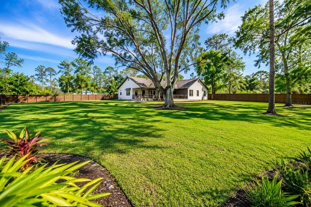 A large, grassy backyard features a single-story house shaded by a prominent, mature tree — 9502 59TH AVENUE E, BRADENTON, FL