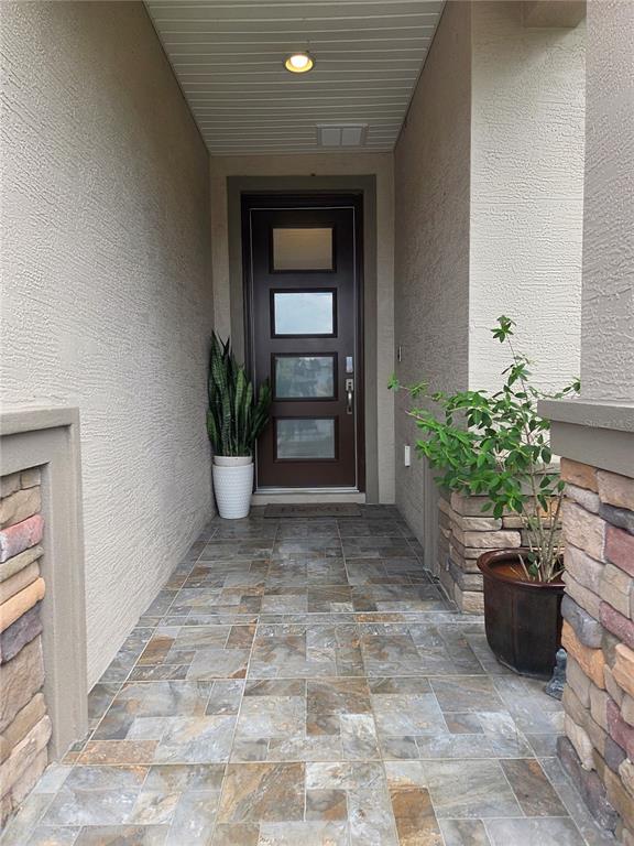 A covered entryway features a brown door with four glass panels and tiled flooring — 4215 NW 55TH TERRACE, OCALA, FL