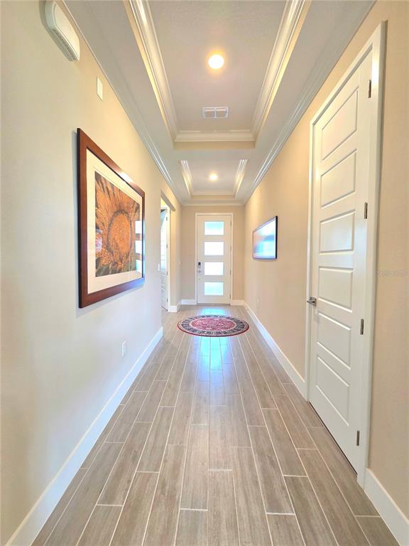 A hallway with wood-look tile flooring, a tray ceiling, and a white front door — 4215 NW 55TH TERRACE, OCALA, FL