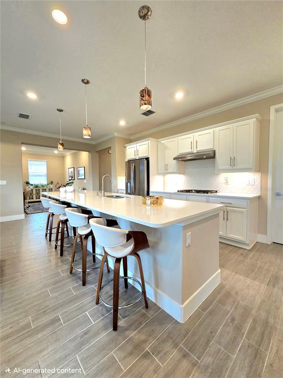 A modern kitchen features a large white island with bar stools and light-colored cabinetry — 4215 NW 55TH TERRACE, OCALA, FL