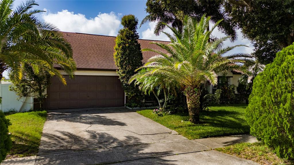 A single-story house with a brown roof, a two-car garage, and palm trees in front — 12017 FAMBRIDGE, ORLANDO, FL