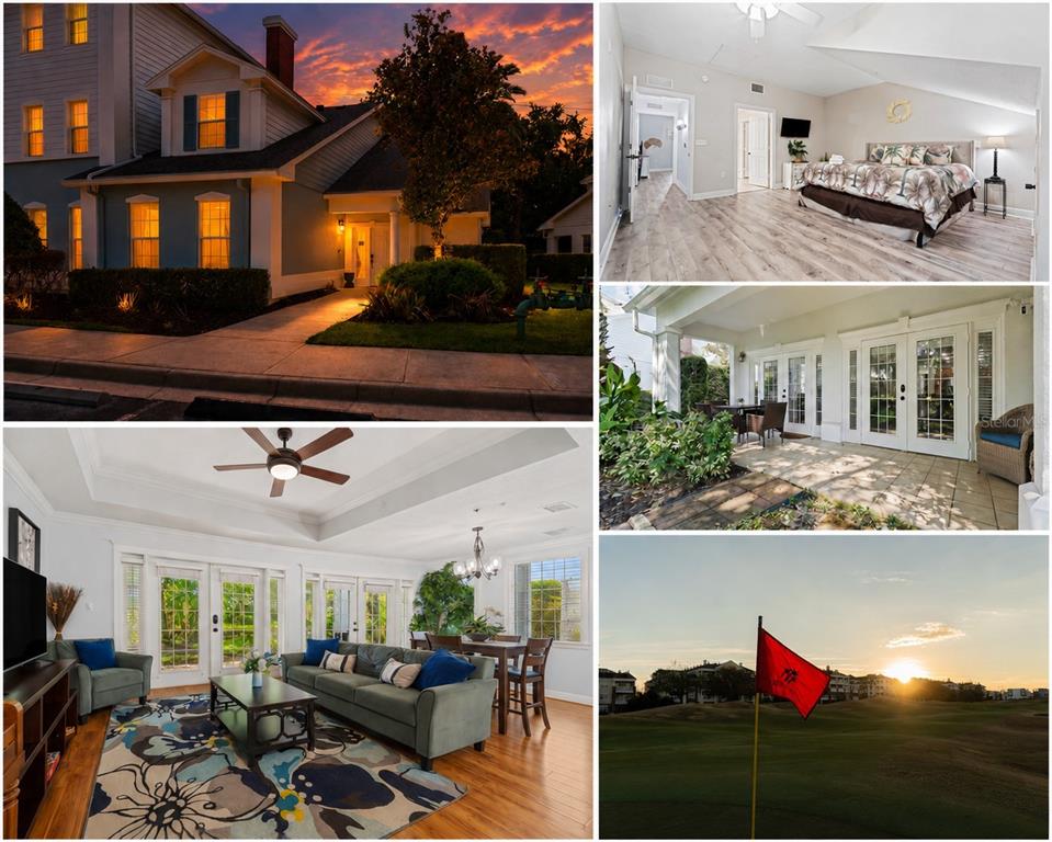 A two-story house with blue siding and a lit entryway at sunset — 7636 HERITAGE CROSSING WAY, REUNION, FL