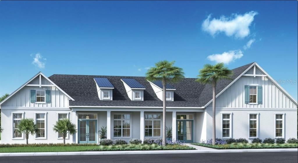 This is a rendering of a white, single-story farmhouse with a dark roof and palm trees — 12800 SUNSET WALK DRIVE, WINTER GARDEN, FL