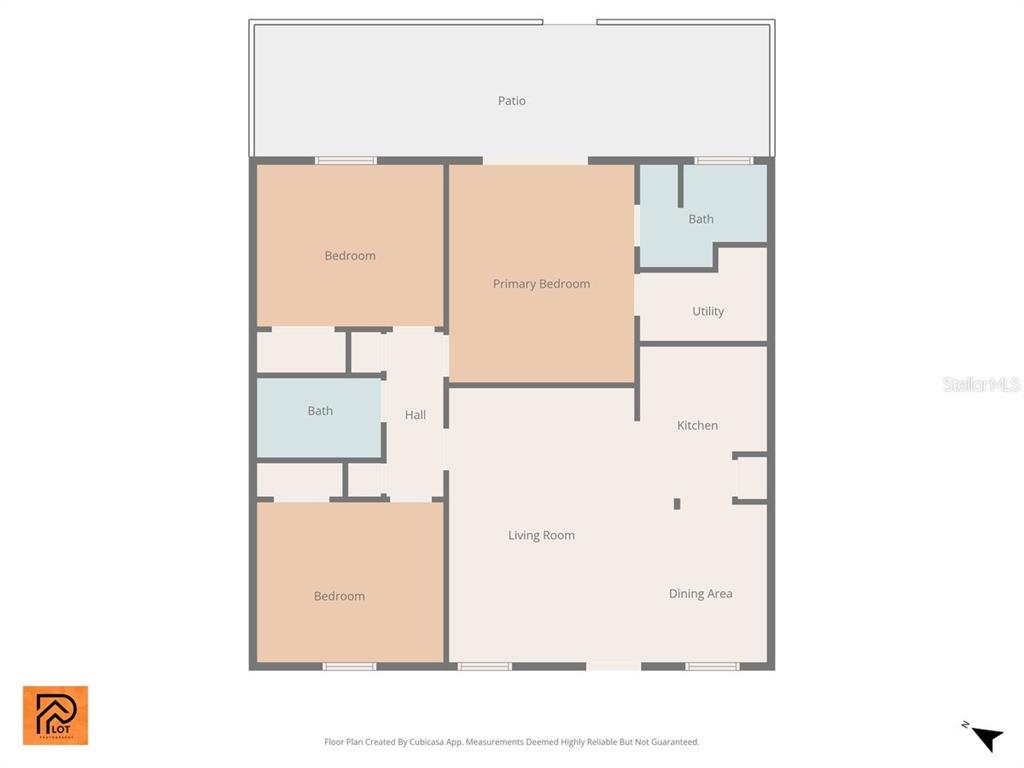 This is a floor plan showing a three-bedroom, two-bathroom home with a patio — 8911 BLIND PASS ROAD UNIT 118, ST PETE BEACH, FL