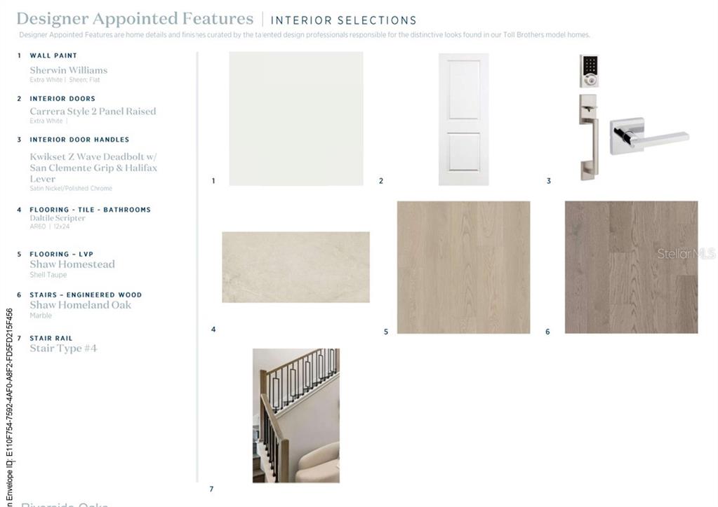 This image displays a design board featuring interior finish selections for a home — 3606 STONEBRIAR LANE, SANFORD, FL