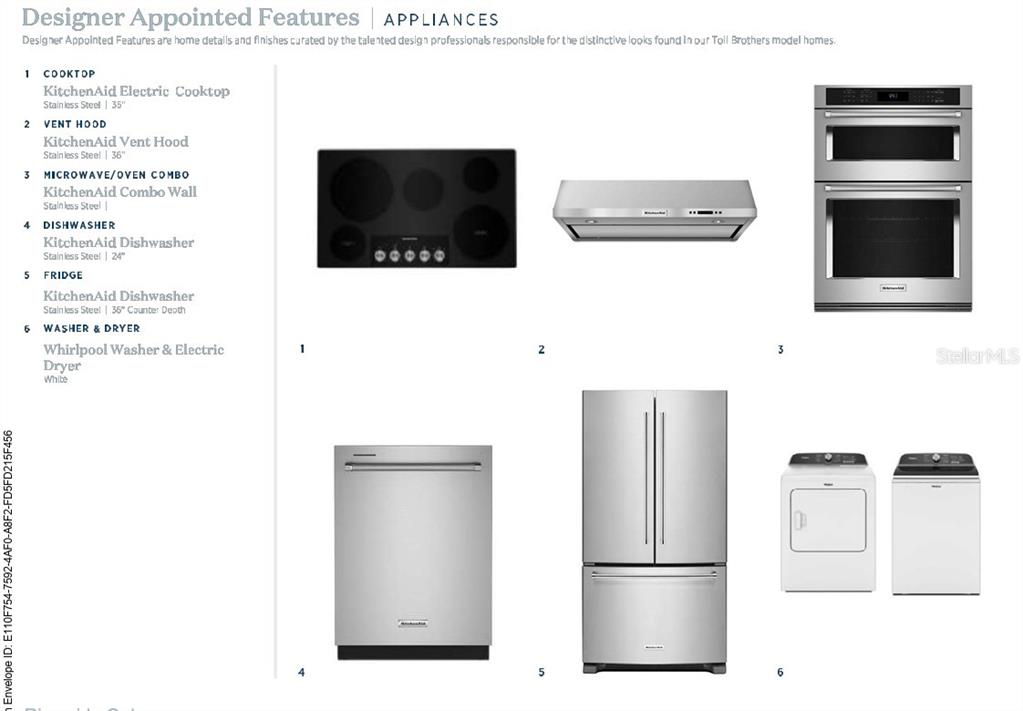 This image displays a list and photos of kitchen and laundry appliances by brand — 3606 STONEBRIAR LANE, SANFORD, FL