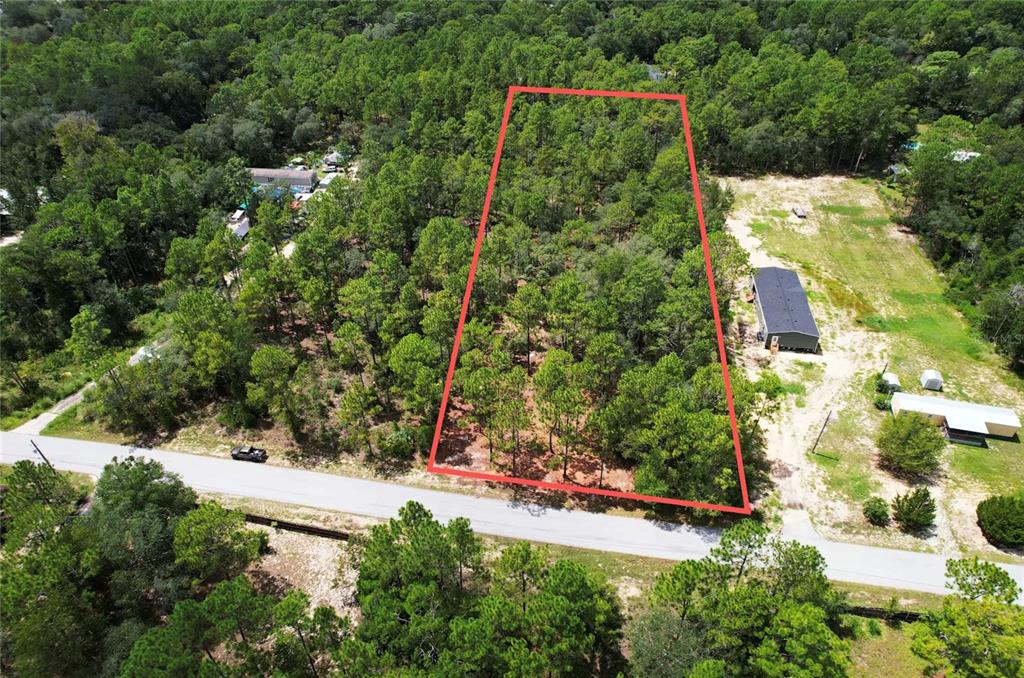 An aerial view shows a rectangular, wooded vacant lot outlined in red along a road — SW 183RD TERRACE, DUNNELLON, FL
