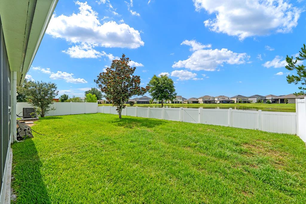 A backyard features a green lawn, a white vinyl fence, and a screened-in patio area — 6751 BOULDER RUN LOOP, WESLEY CHAPEL, FL
